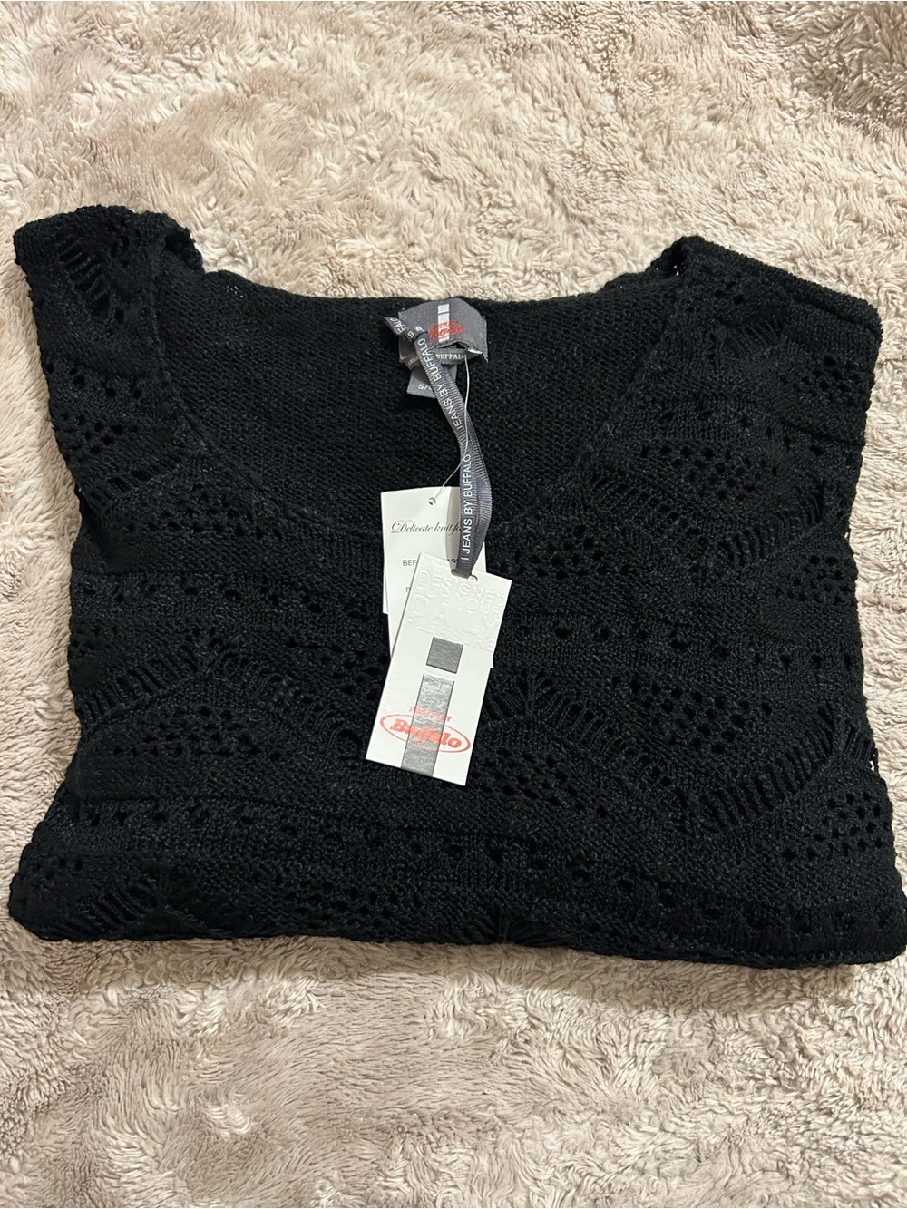Buffalo David Bitton Black Open-Knit Scoop Neck Sweater